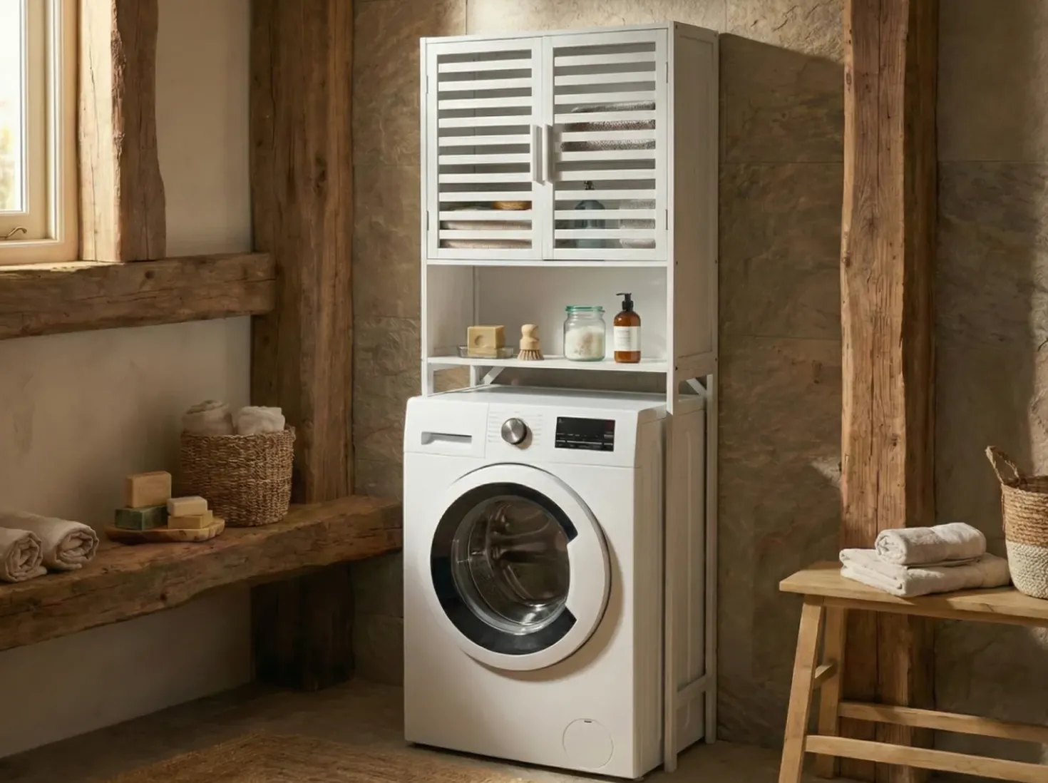 Armadietto da bagno OKARCHE Bambù 63 cm Bianco