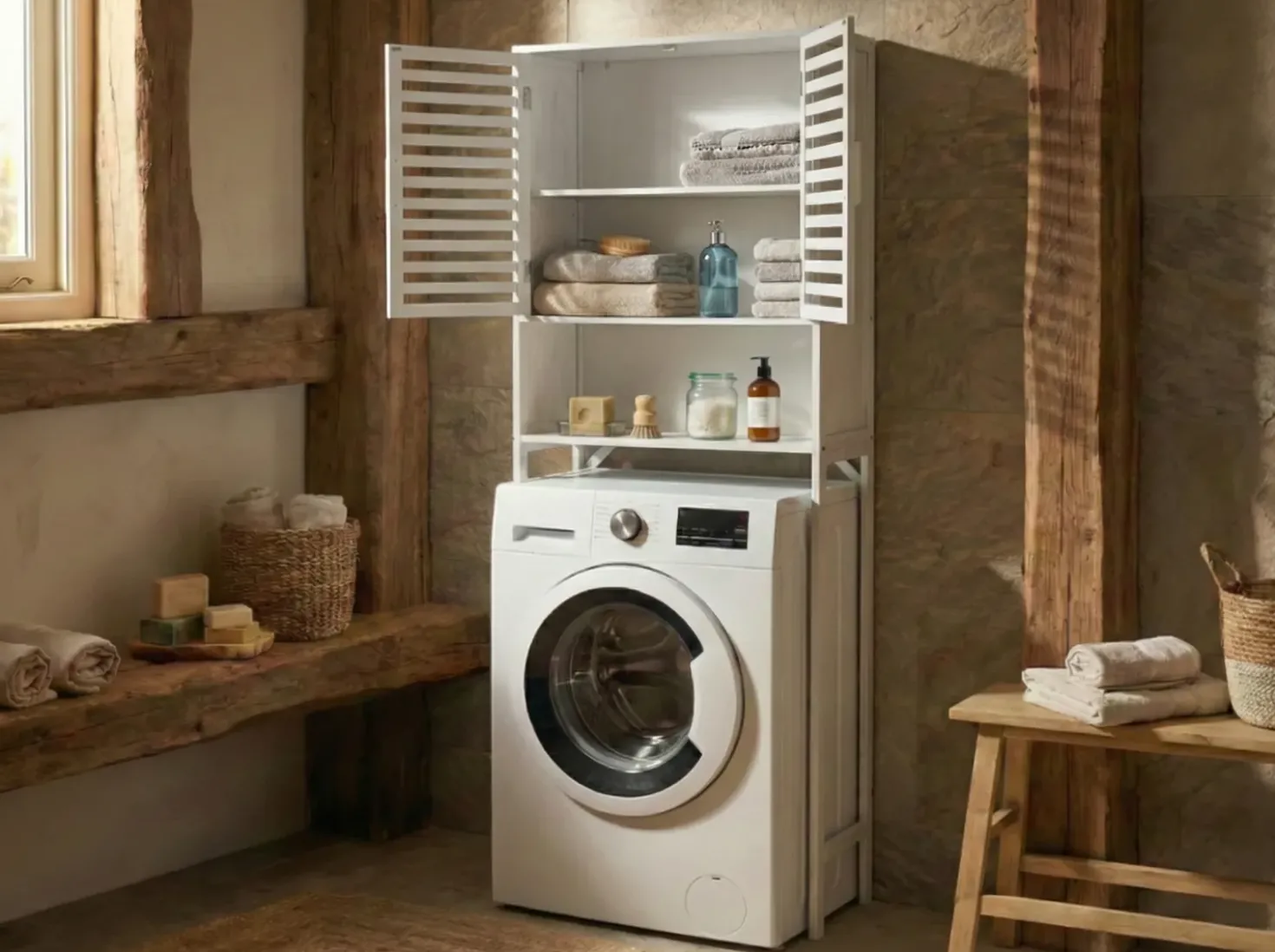 Armadietto da bagno OKARCHE Bambù 63 cm Bianco