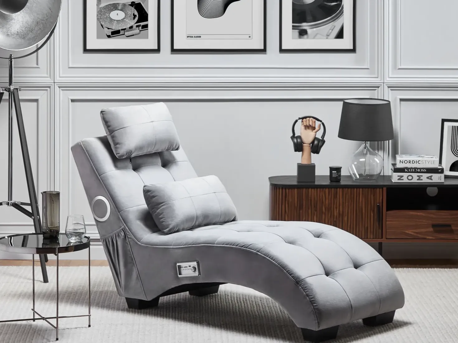 Chaise longue SIMORRE Velluto Grigio con altoparlante Bluetooth integrato