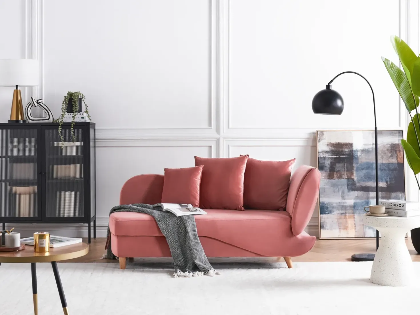 Chaise longue versione destra MERI Velluto Rosa con contenitore