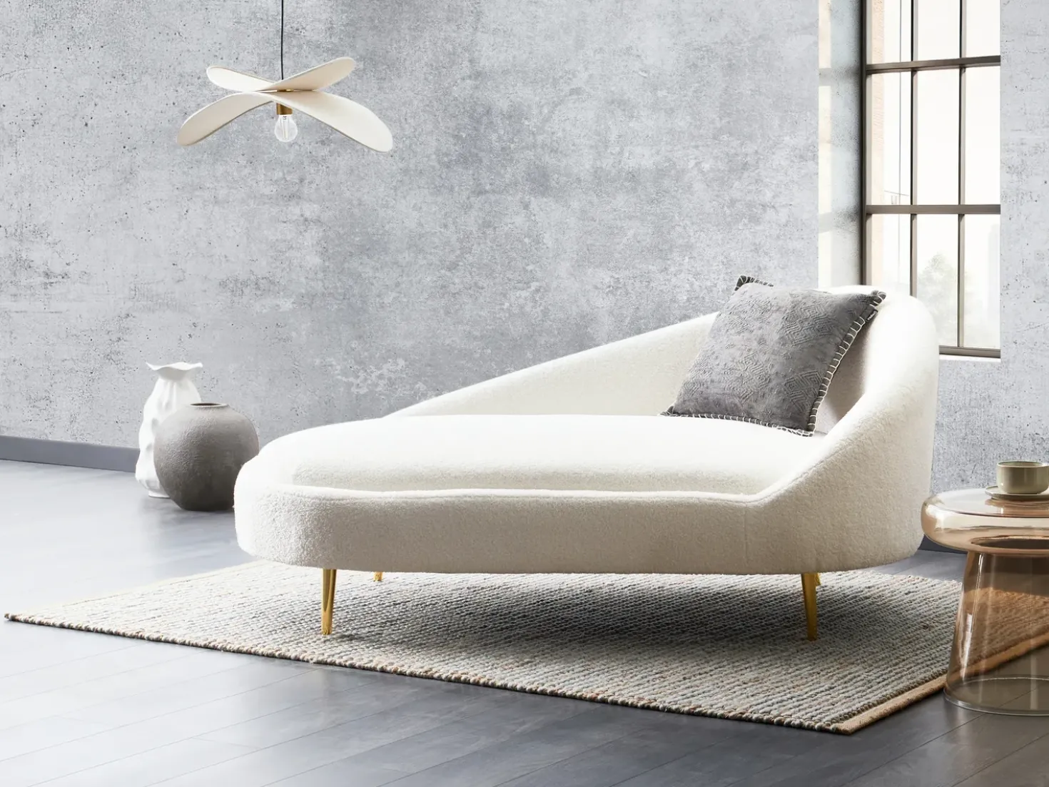 Chaise longue versione destra VALREAS Bouclé Bianco sporco
