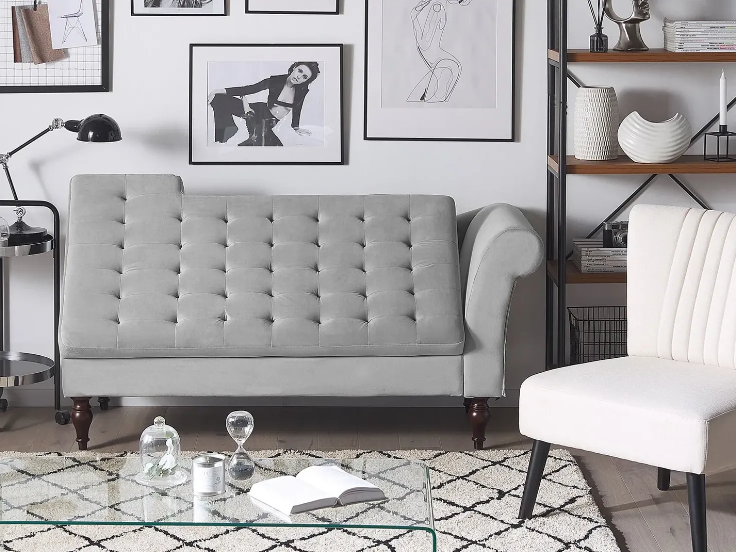 Chaise longue versione destra PESSAC Velluto Grigio chiaro con contenitore