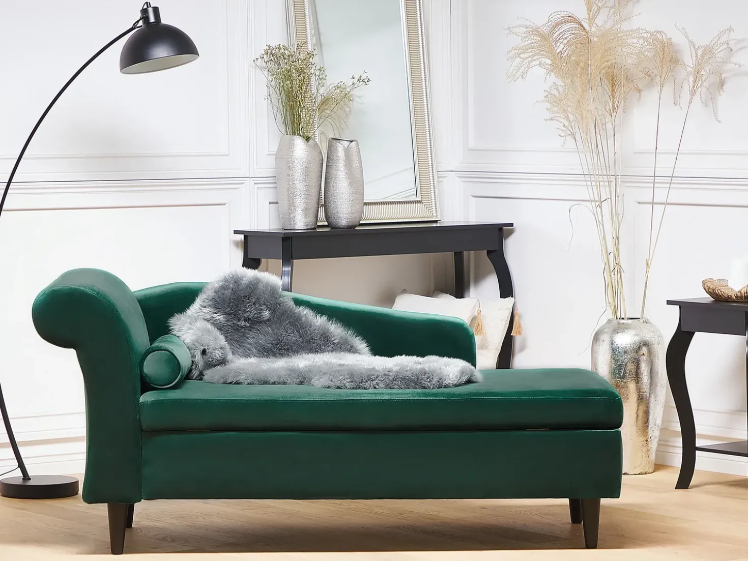 Chaise longue versione sinistra LUIRO Velluto Verde smeraldo con contenitore