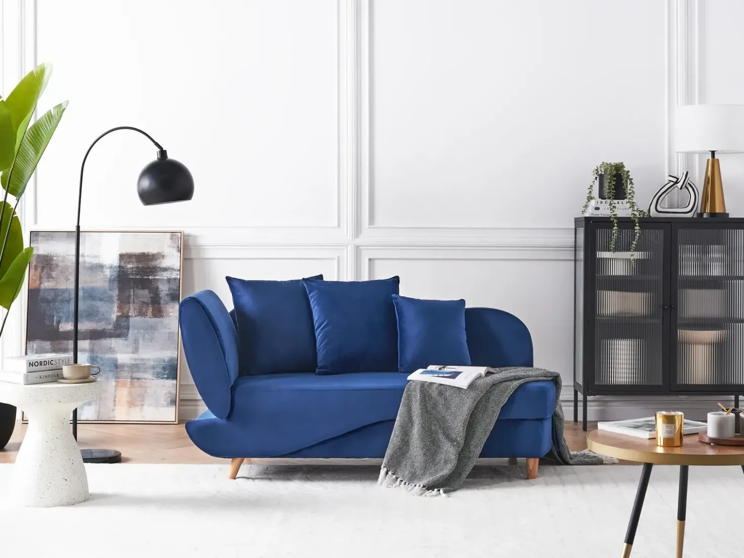 Chaise longue versione sinistra MERI Velluto Blu marino con contenitore