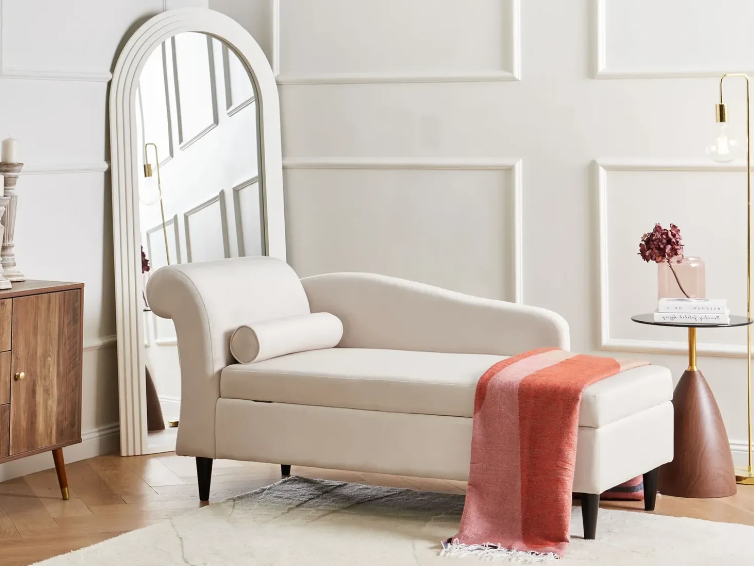 Chaise longue versione sinistra LUIRO Velluto Beige con contenitore