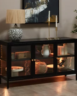 Credenza in vetro con illuminazione a LED NEWPORT Metallo 115 cm Nero