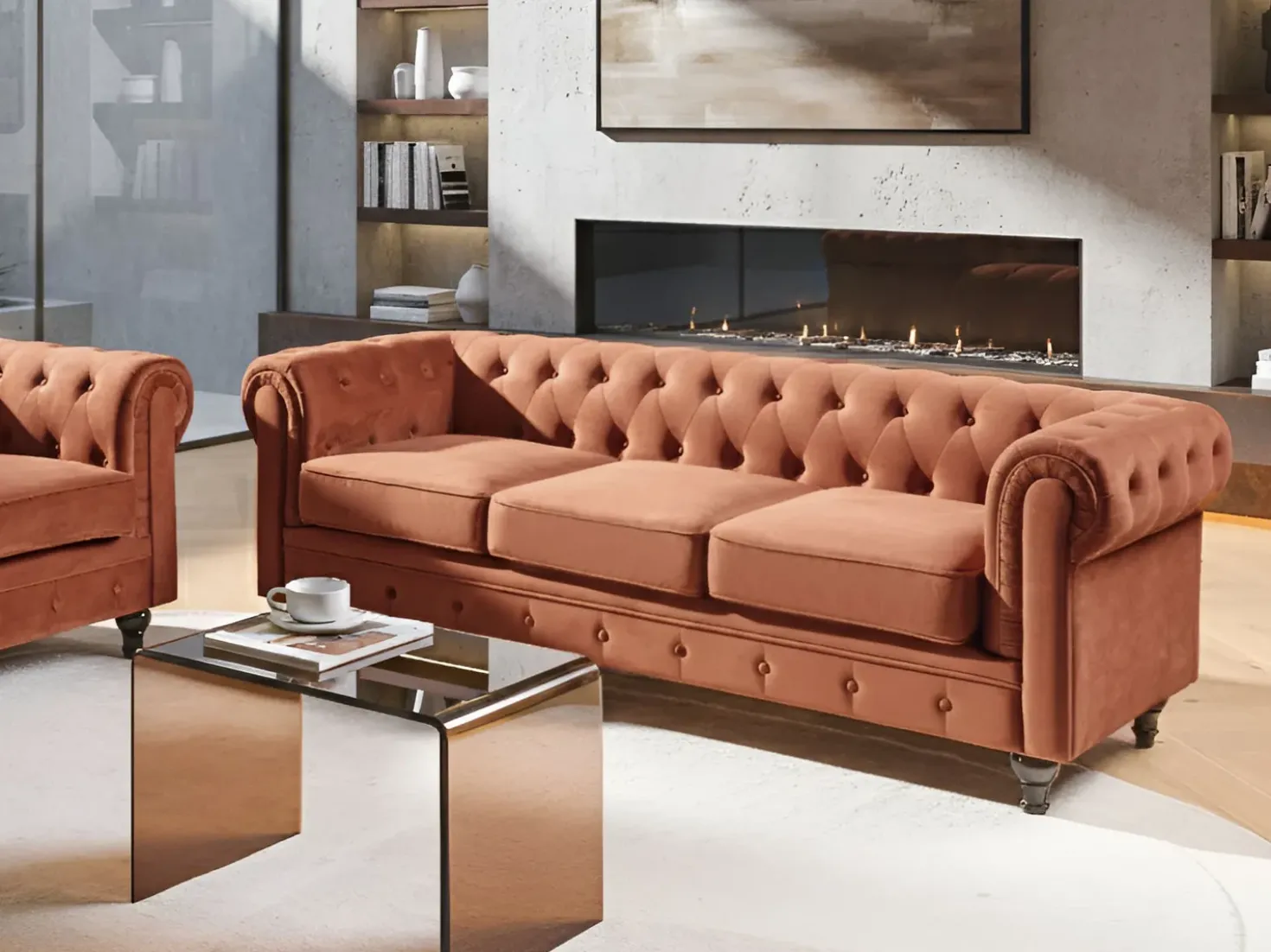 Divano 3 posti CHESTERFIELD Velluto Marrone dorato