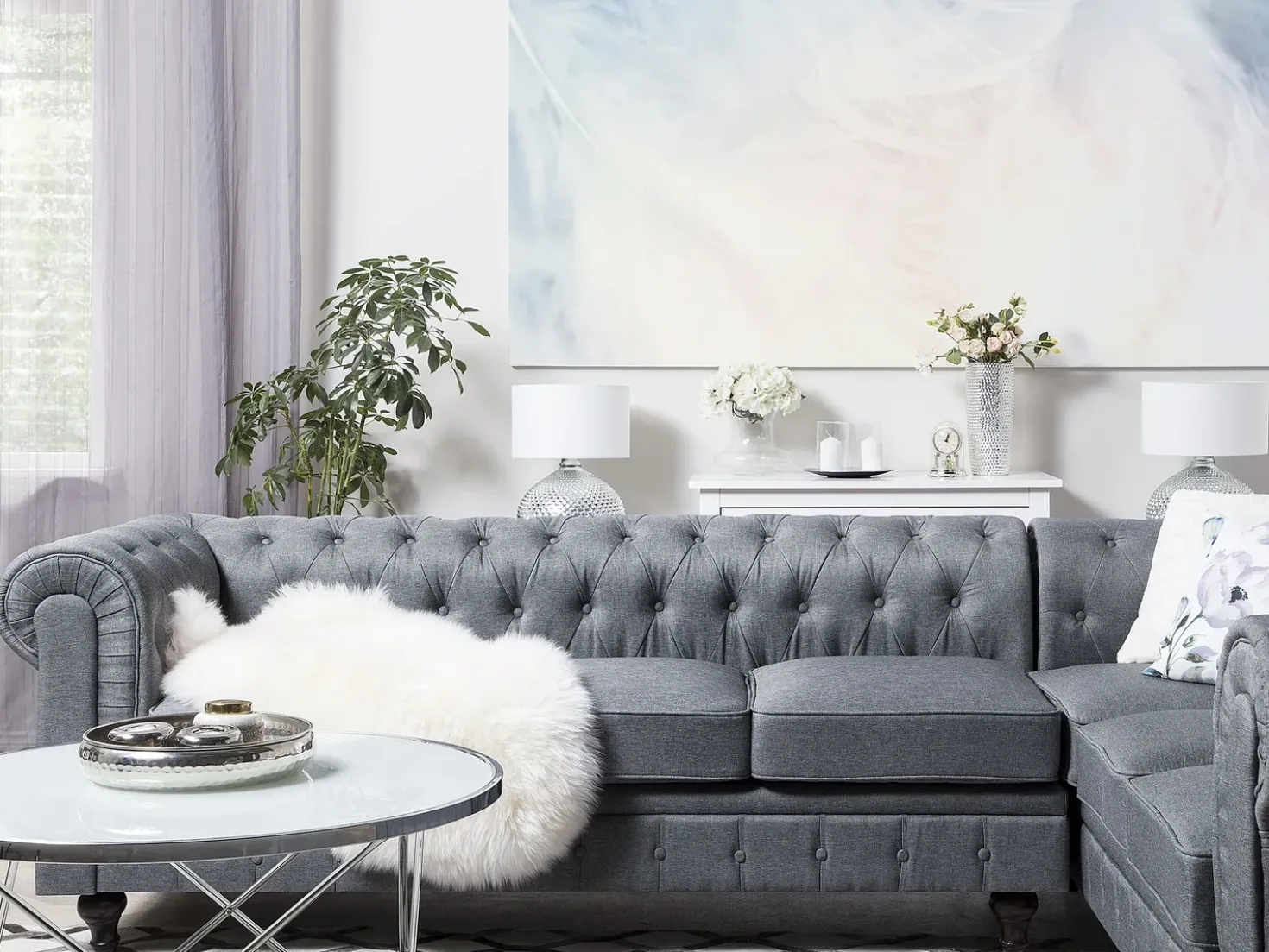 Divano angolare 6 posti CHESTERFIELD Tessuto Grigio Lato Sinistro