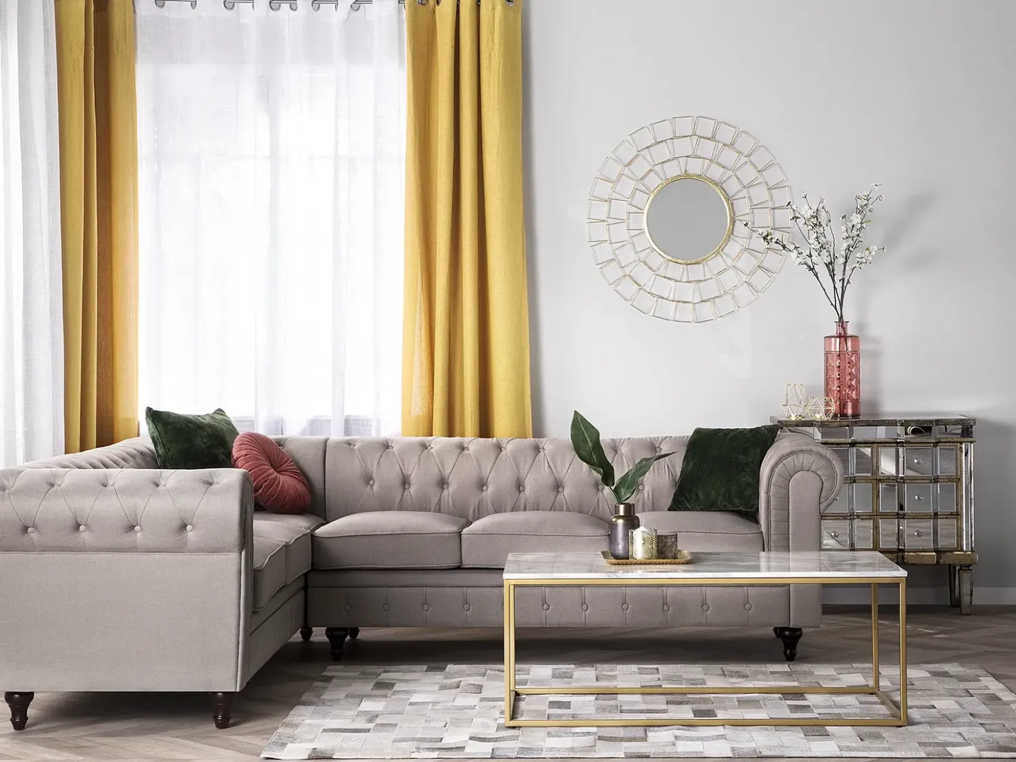 Divano angolare 6 posti CHESTERFIELD Tessuto Beige Lato destro