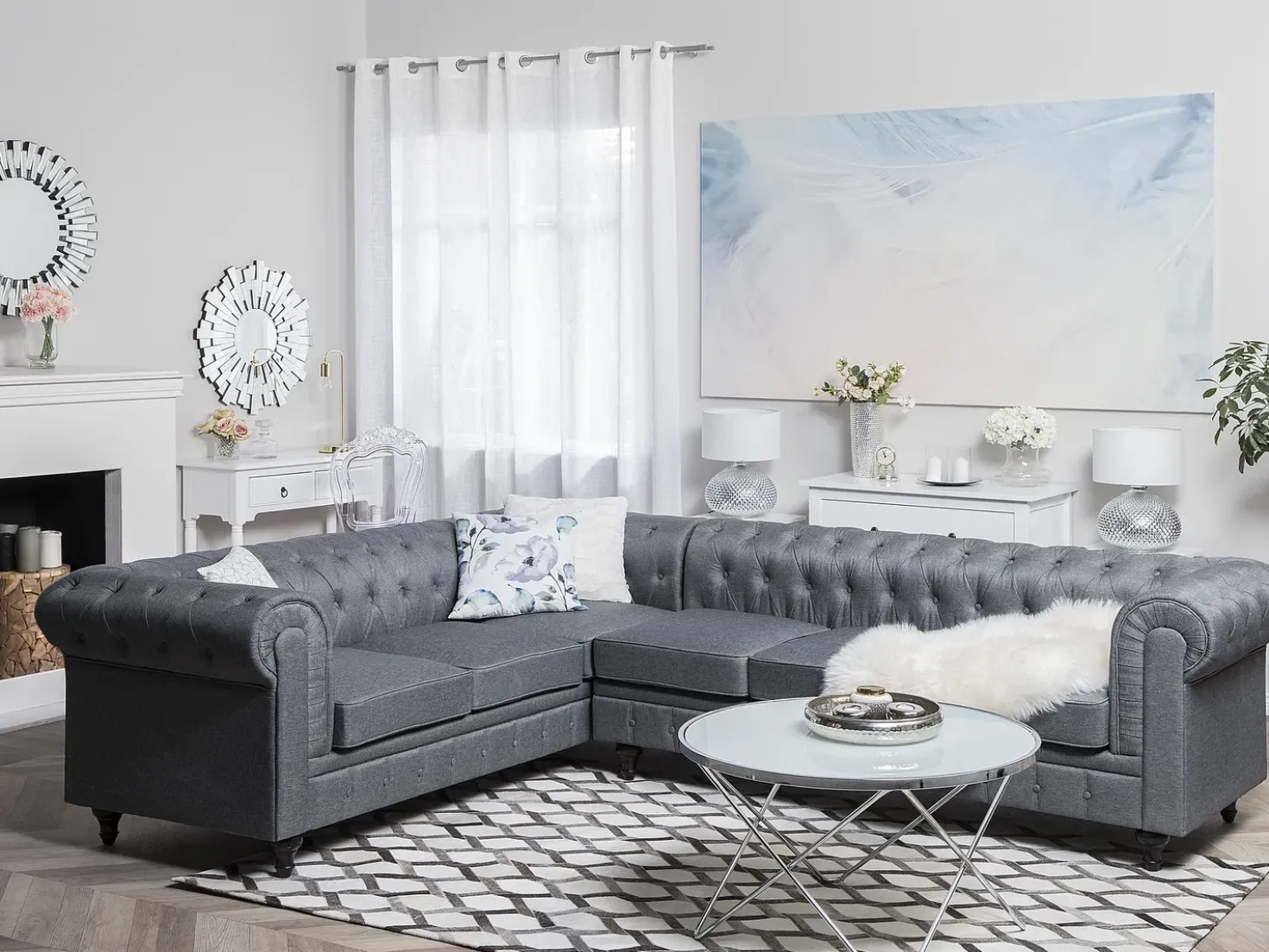 Divano angolare 6 posti CHESTERFIELD Tessuto Grigio Lato destro