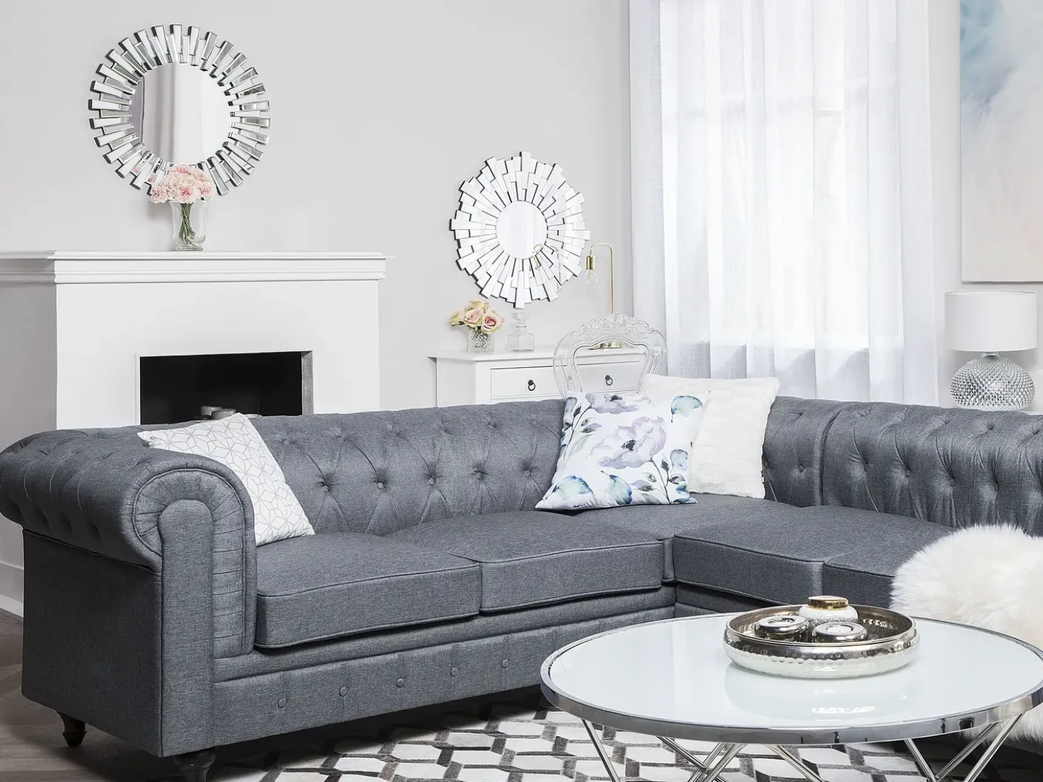 Divano angolare 6 posti CHESTERFIELD Tessuto Grigio Lato destro