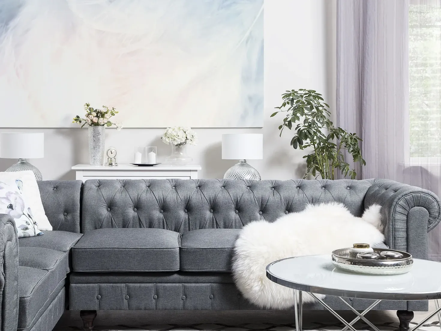 Divano angolare 6 posti CHESTERFIELD Tessuto Grigio Lato destro
