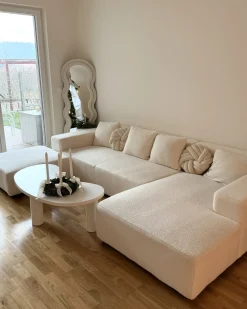 Divano angolare 4 posti LUNGO Bouclé Bianco con ottomana Lato Sinistro