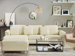 Divano angolare 5 posti OSLO Pelle naturale Beige chiaro con ottomana Lato destro