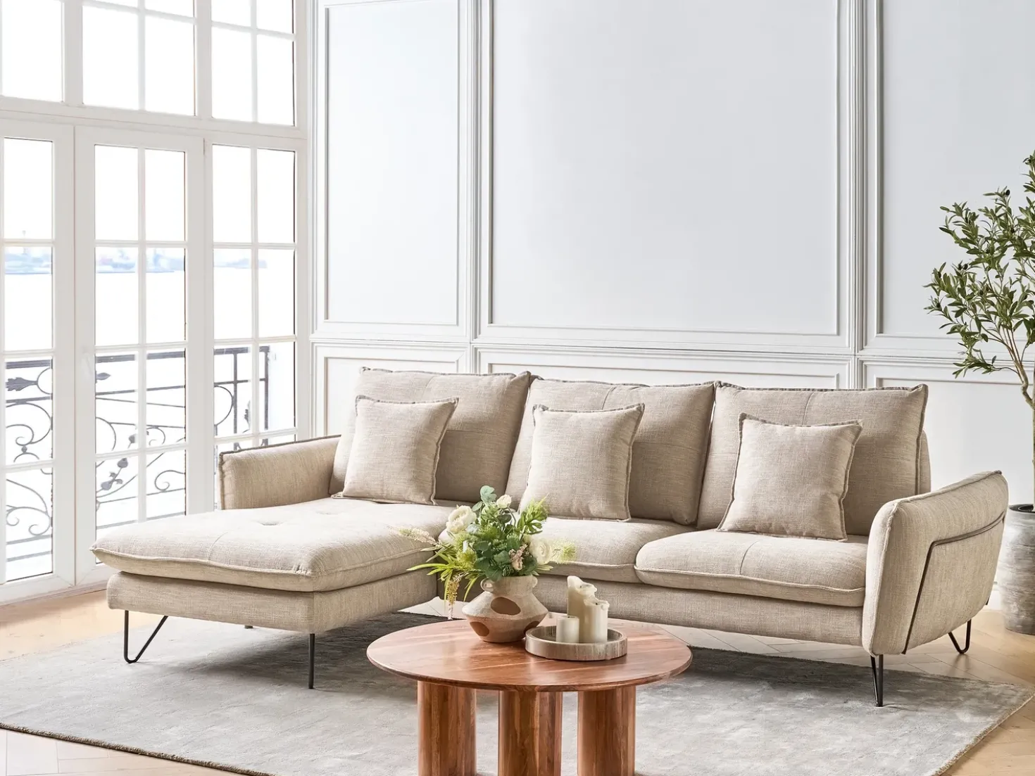 Divano angolare 3 posti SERSAN Ciniglia Beige Lato destro
