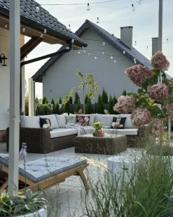 Divano angolare da giardino con pouf 6 posti PALERMO Modulare Rattan sintetico (PE) Marrone