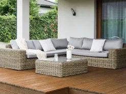 Divano angolare da giardino con pouf 6 posti PALERMO Modulare Rattan sintetico (PE) Marrone chiaro