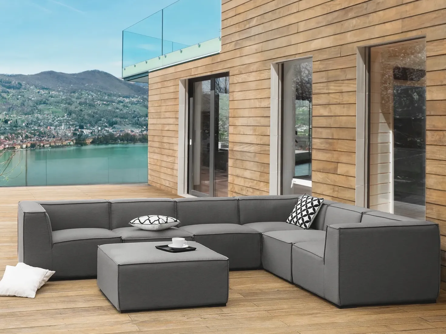 Divano angolare da giardino con pouf 7 posti AREZZO Lato Sinistro Modulare Grigio