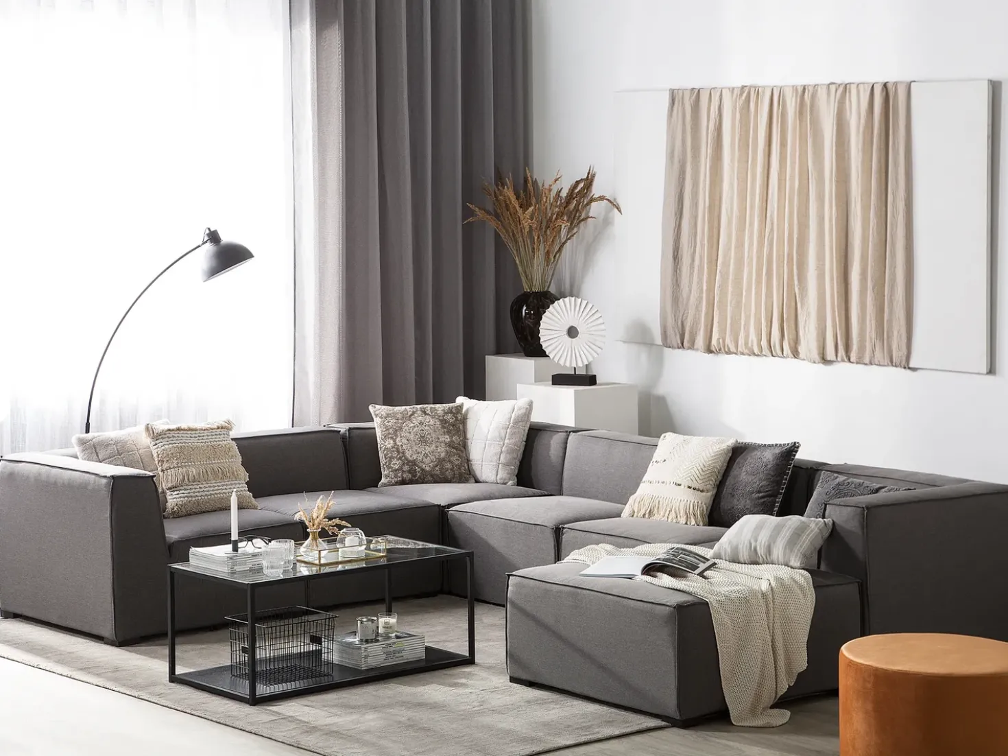 Divano angolare da giardino con pouf 7 posti AREZZO Lato Sinistro Modulare Grigio