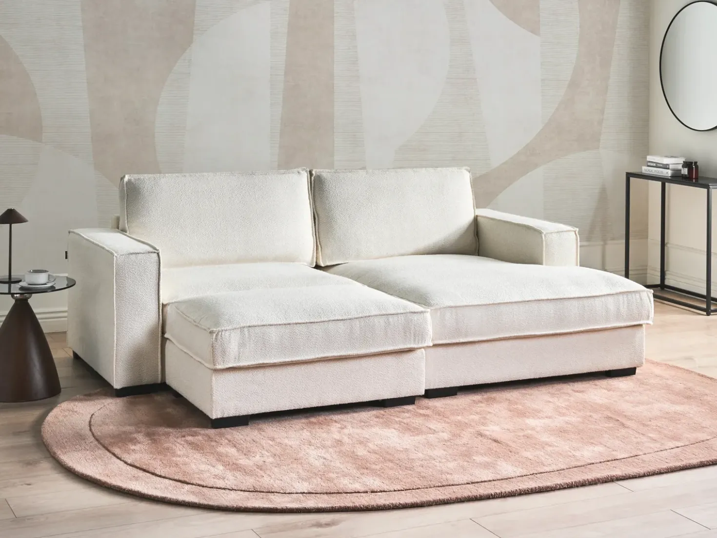 Divano angolare KOLDING Bouclé Beige chiaro con ottomana Lato Sinistro