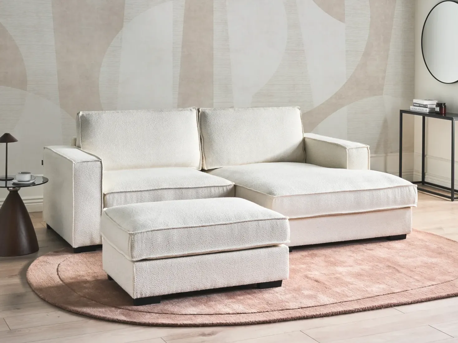 Divano angolare KOLDING Bouclé Beige chiaro con ottomana Lato Sinistro