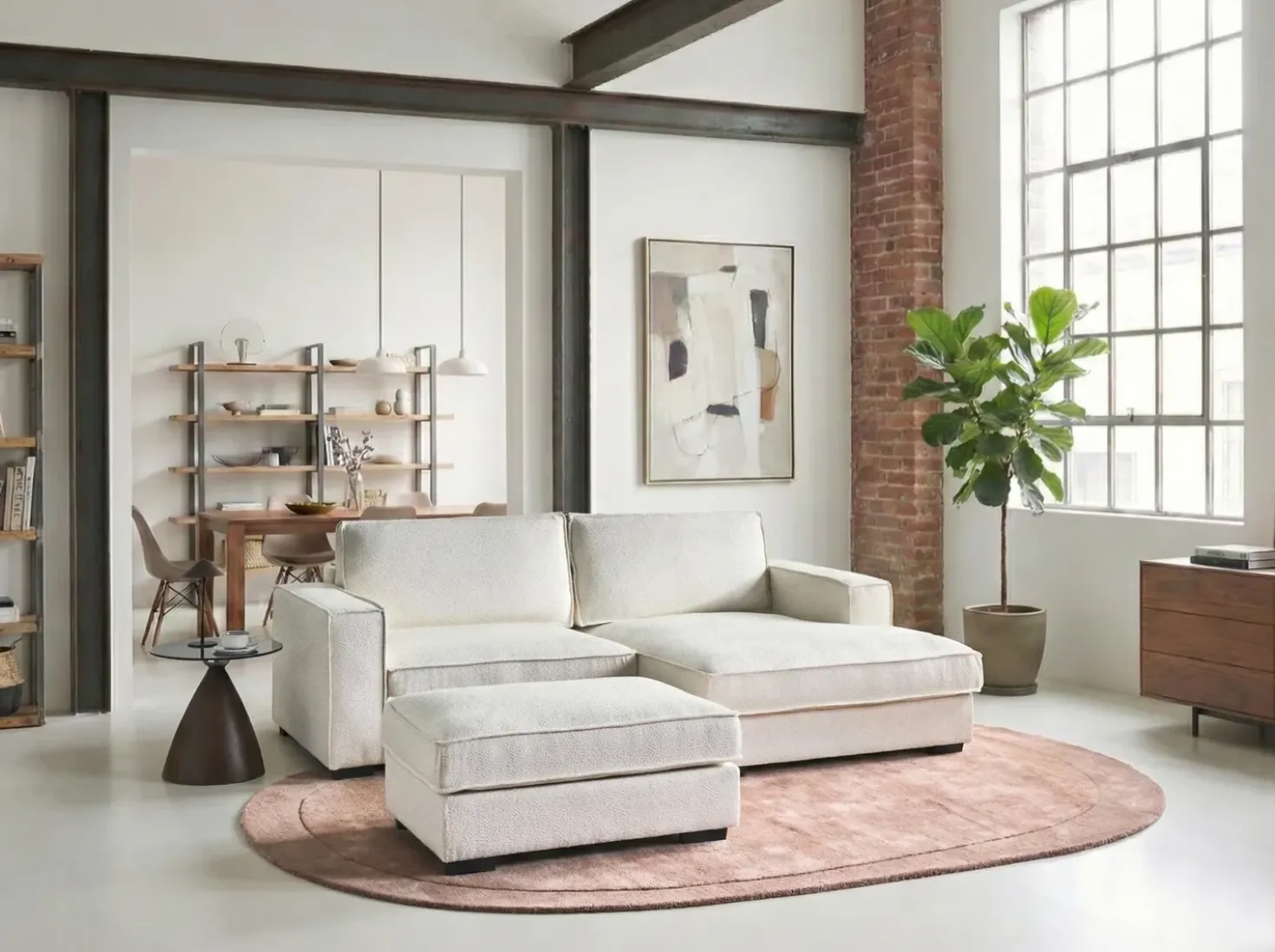 Divano angolare KOLDING Bouclé Beige chiaro con ottomana Lato Sinistro