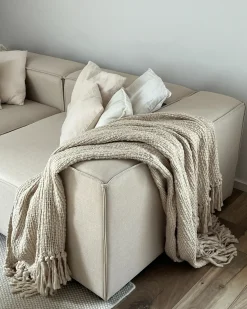 Divano angolare modulare 3 posti APRICA Lino sintetico Beige con ottomana Lato destro