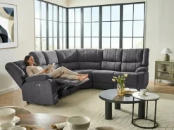 Divano angolare reclinabile elettrico 5 posti ROKKE Tessuto Grigio scuro con porta USB Lato Sinistro