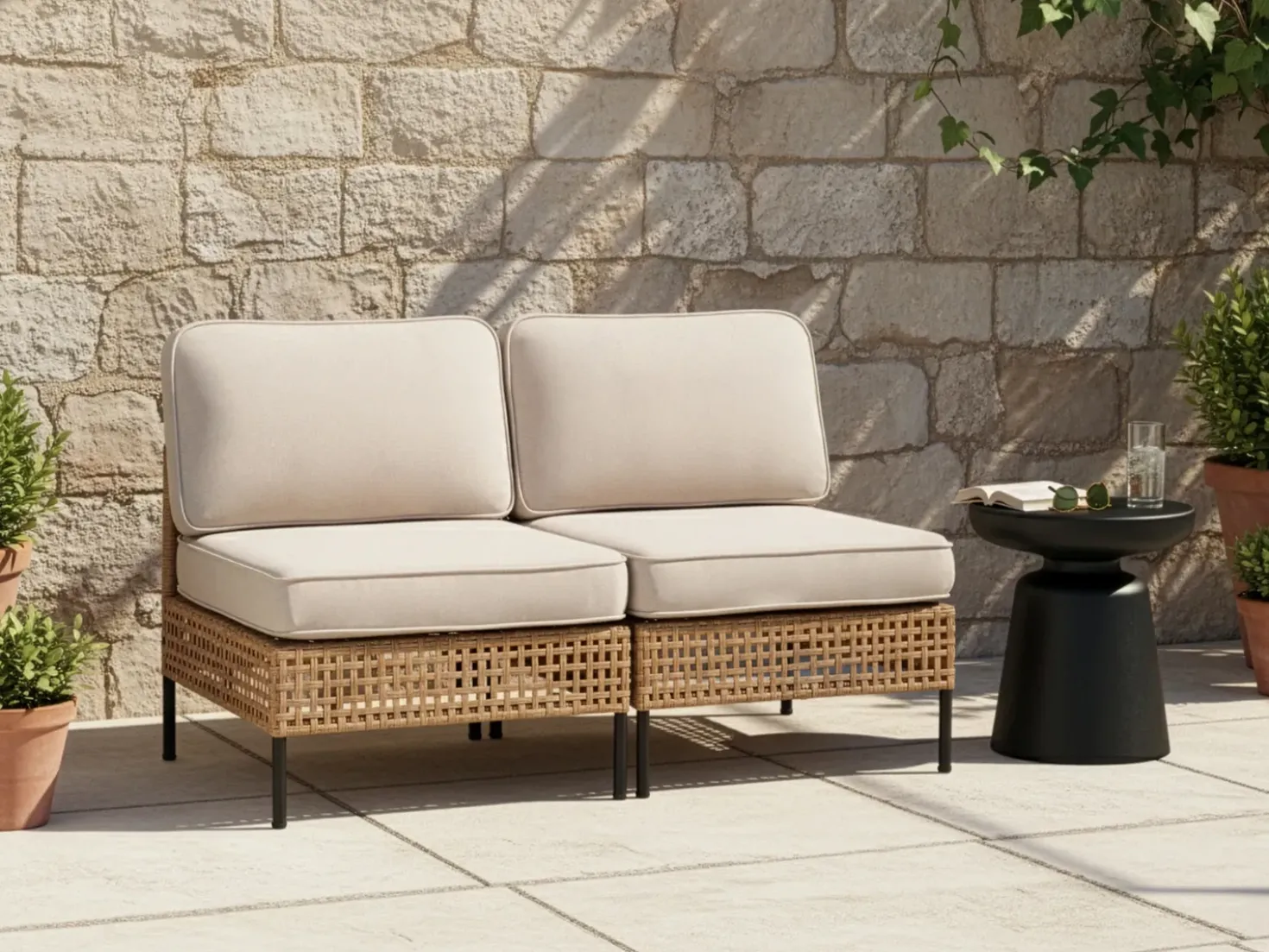 Divano da giardino 2 posti OMEGANA Senza braccia Rattan sintetico (PE) Beige chiaro