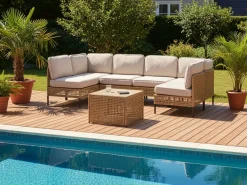 Divano da giardino a forma di U 6 posti OMEGANA Modulare Rattan sintetico (PE) Beige chiaro