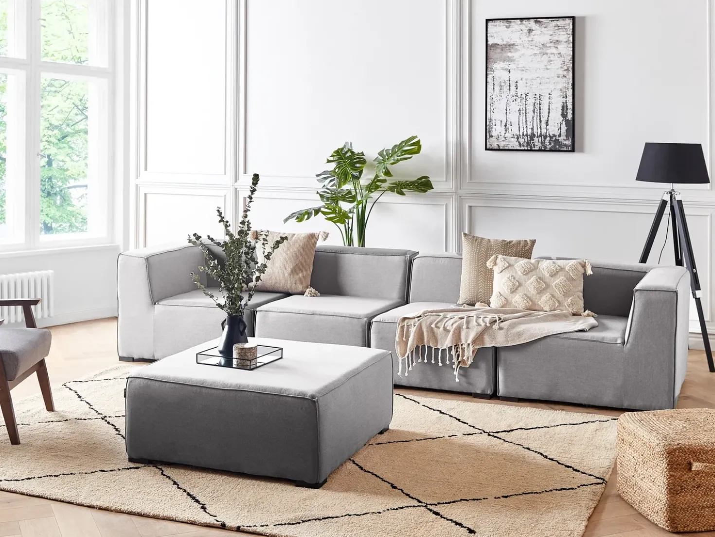 Divano da giardino con pouf 4 posti AREZZO Modulare Grigio chiaro