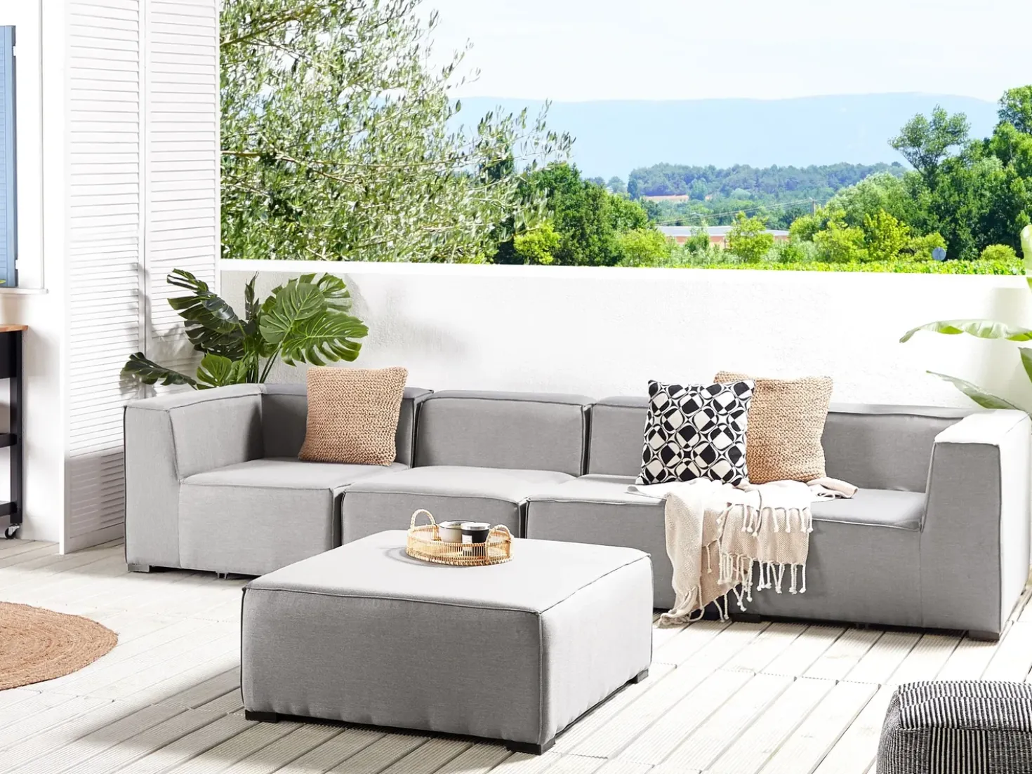 Divano da giardino con pouf 4 posti AREZZO Modulare Grigio chiaro
