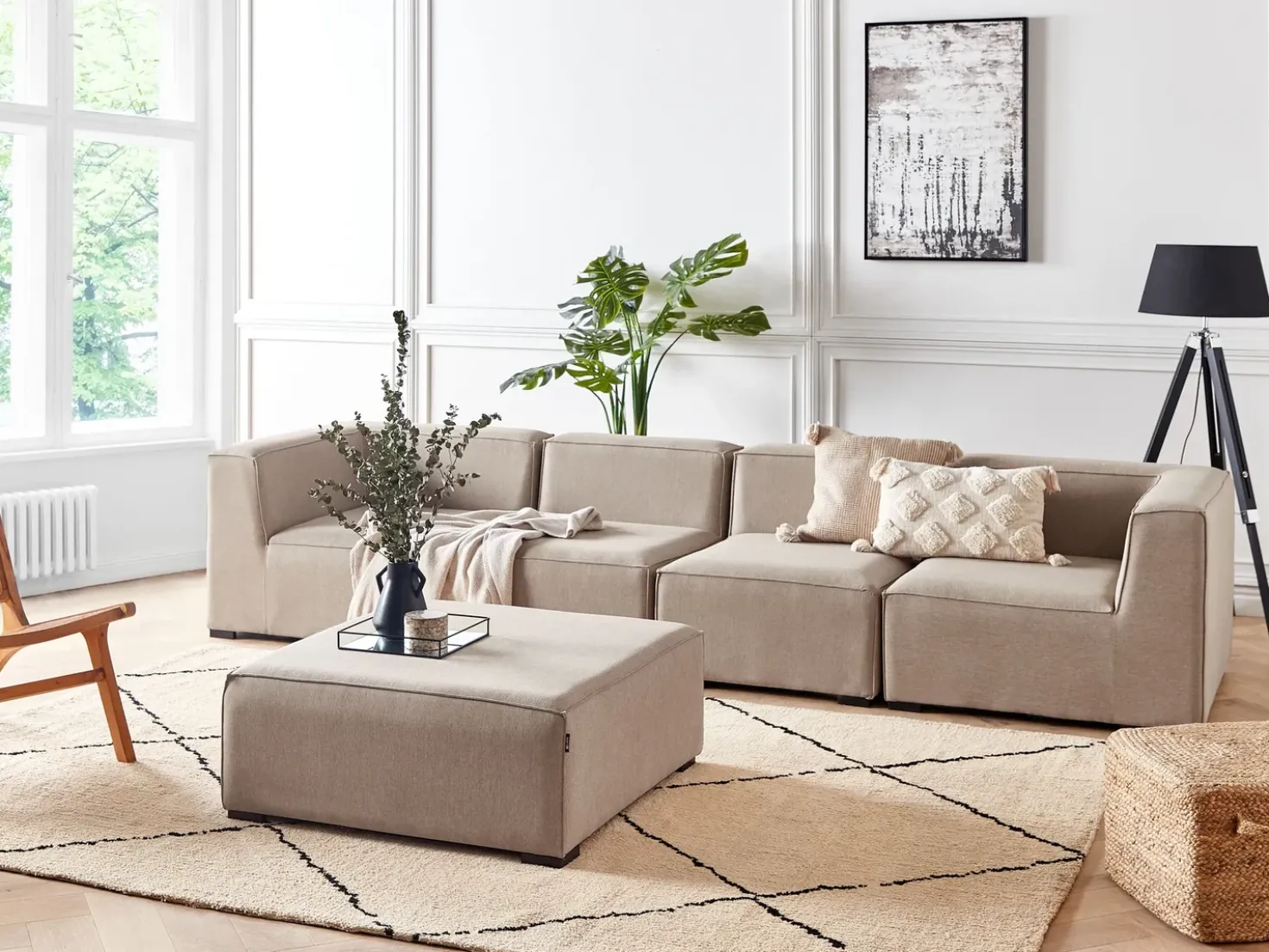 Divano da giardino con pouf 4 posti AREZZO Modulare Beige