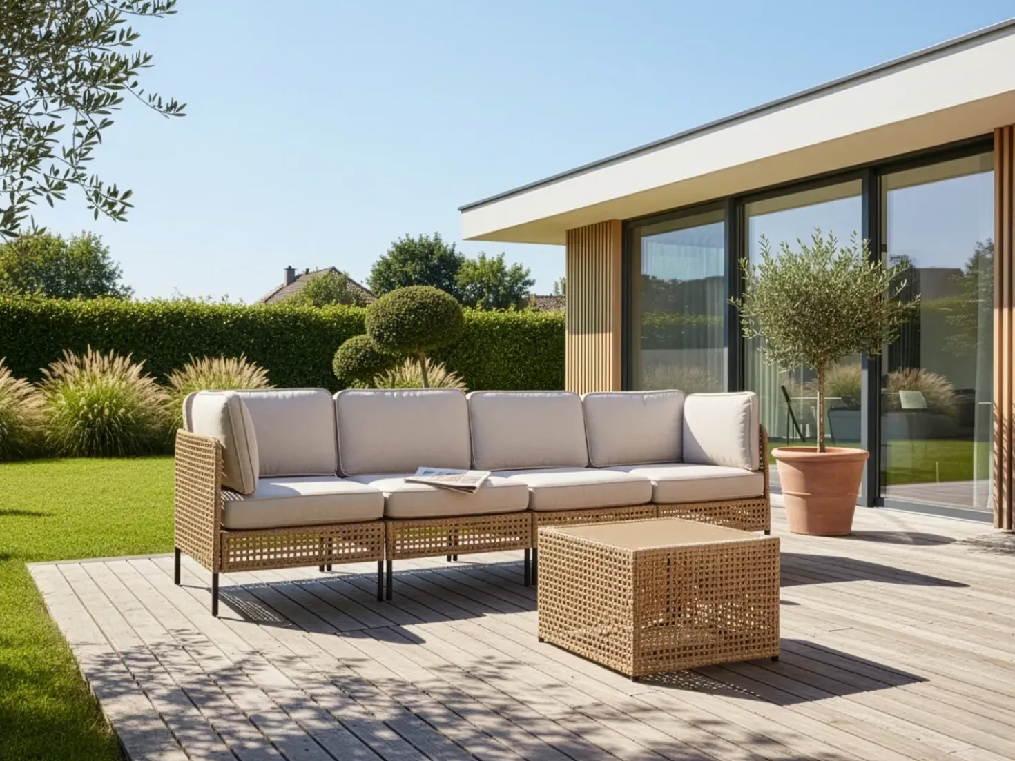 Divano da giardino con tavolo 4 posti OMEGANA Modulare Rattan sintetico (PE) Beige chiaro
