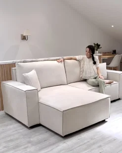 Divano letto 3 posti KARILA Tessuto Beige chiaro con contenitore Lato destro