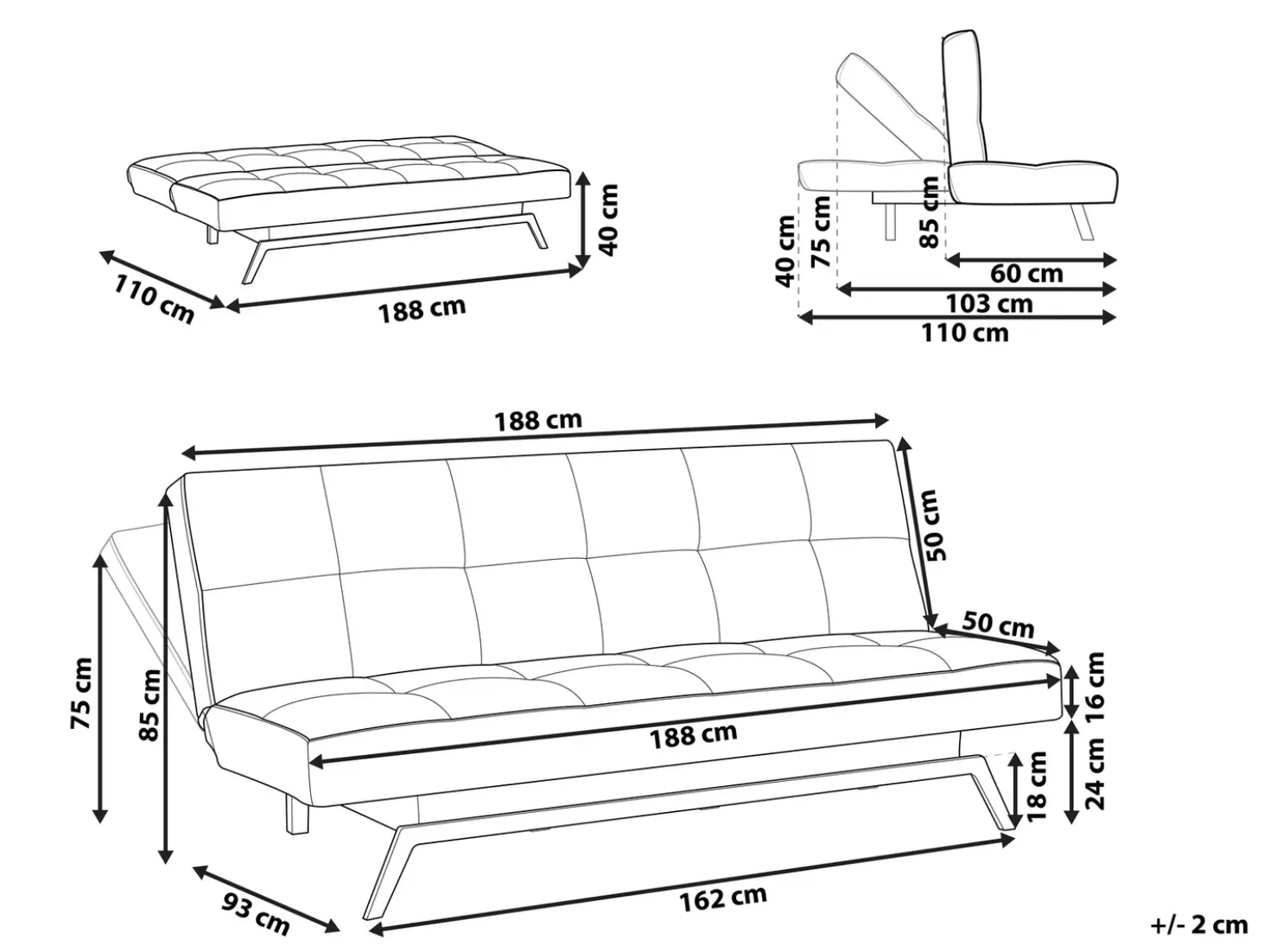Divano letto 3 posti LEEDS Tessuto Bianco