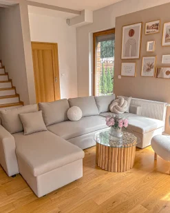 Divano letto a U 5 posti SOMMEN Tessuto Beige chiaro con contenitore