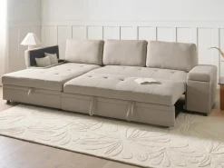 Divano letto angolare 3 posti HRISEY Lino sintetico Beige con contenitore Lato destro