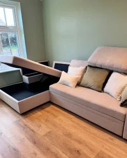Divano letto angolare 3 posti HRISEY Lino sintetico Beige con contenitore Lato destro