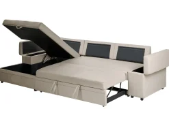 Divano letto angolare 3 posti HRISEY Lino sintetico Beige con contenitore Lato destro
