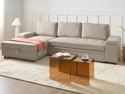 Divano letto angolare 3 posti HRISEY Lino sintetico Beige con contenitore Lato destro
