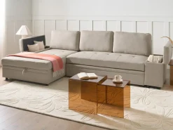 Divano letto angolare 3 posti HRISEY Lino sintetico Beige con contenitore Lato destro