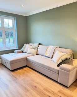 Divano letto angolare 3 posti HRISEY Lino sintetico Beige con contenitore Lato destro