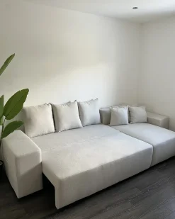 Divano letto angolare 3 posti LUSPA Tessuto Beige chiaro con contenitore Lato Sinistro