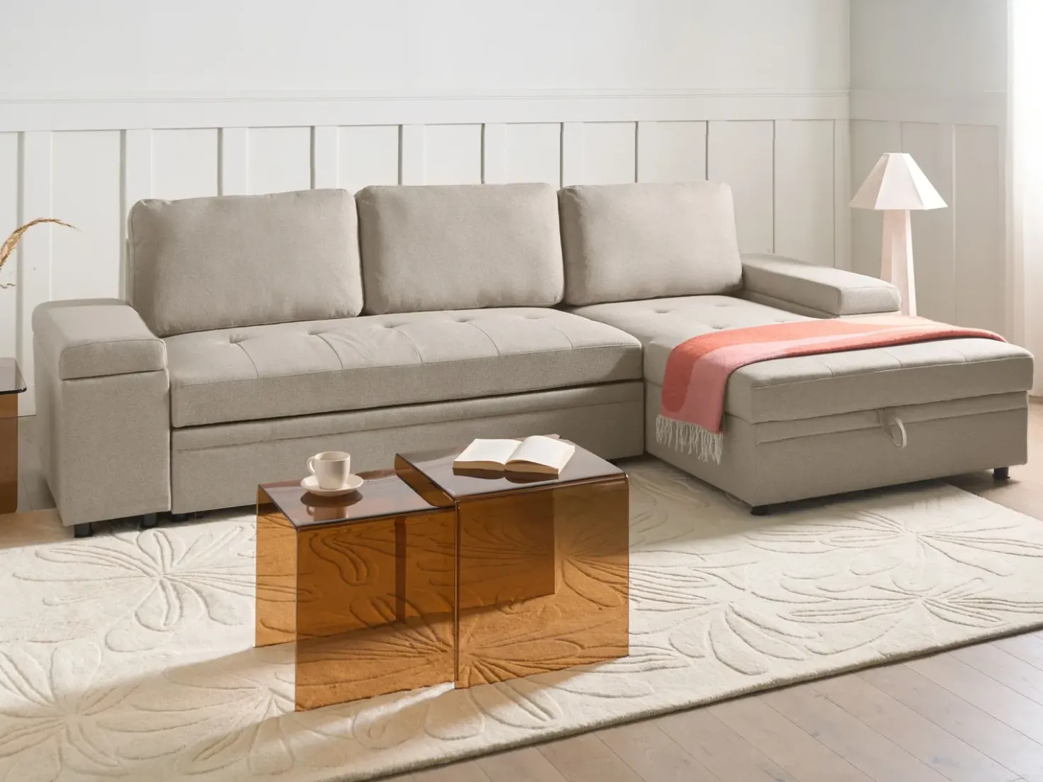 Divano letto angolare 3 posti HRISEY Lino sintetico Beige Lato Sinistro