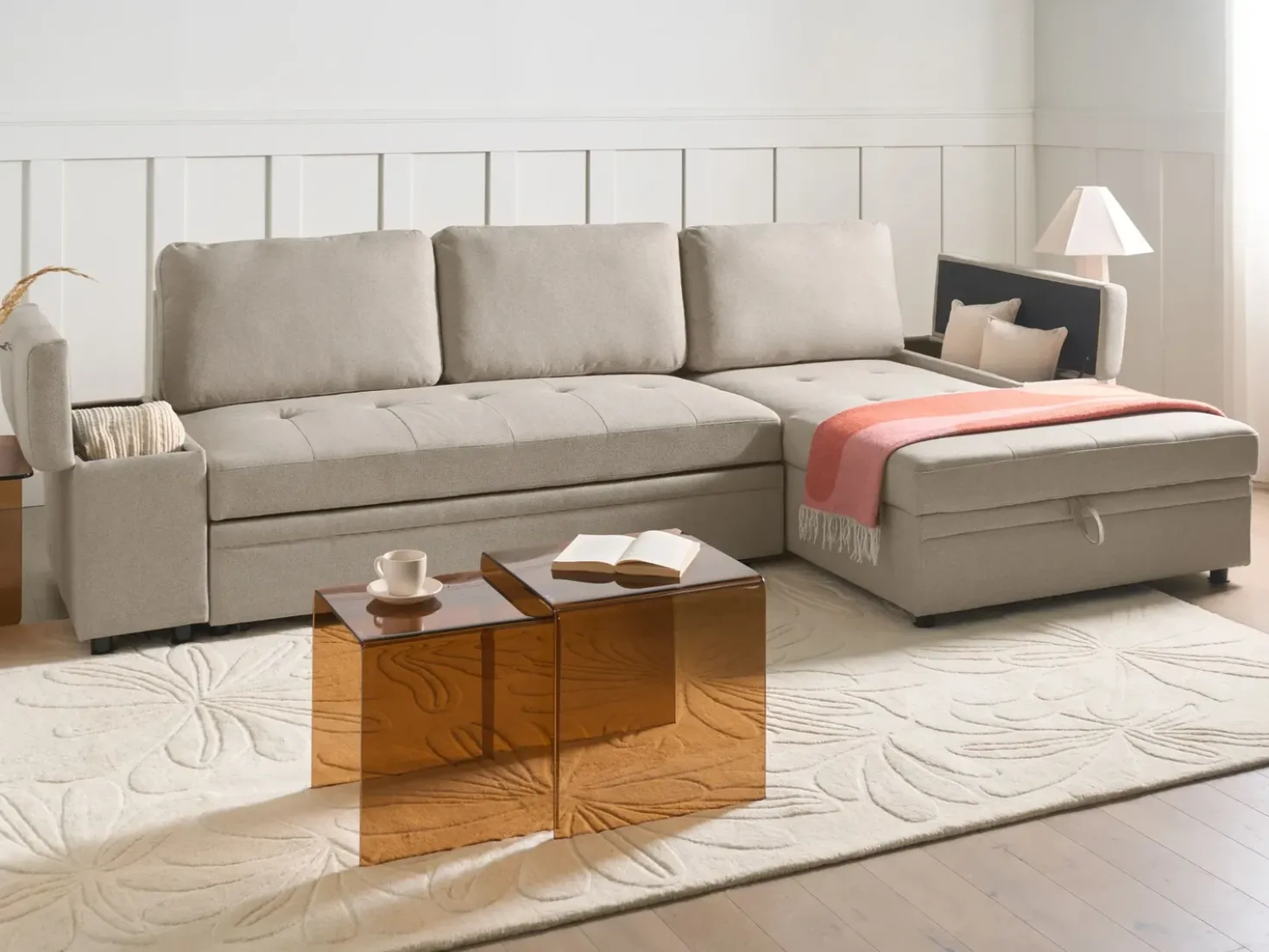 Divano letto angolare 3 posti HRISEY Lino sintetico Beige Lato Sinistro