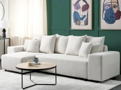 Divano letto angolare 3 posti LUSPA Tessuto Beige chiaro con contenitore Lato destro
