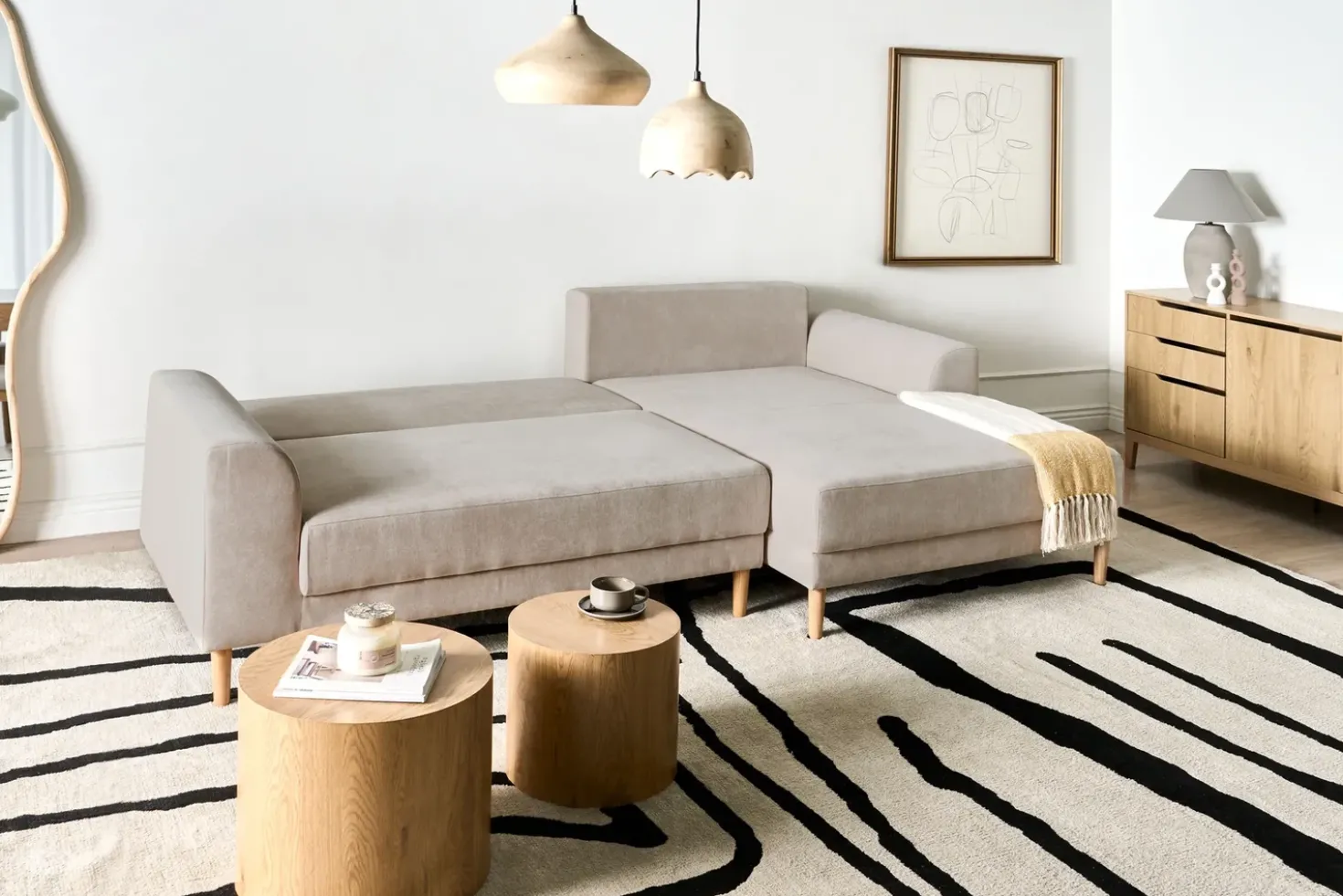 Divano letto angolare 3 posti NUBORG Ciniglia Beige chiaro Lato Sinistro