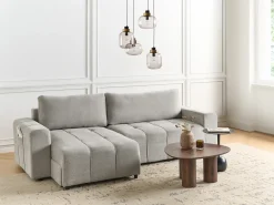 Divano letto angolare 3 posti INNVIK Tessuto Grigio chiaro con contenitore Lato destro
