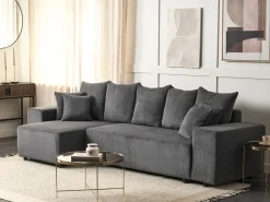 Divano letto angolare 3 posti LUSPA Velluto a coste Grigio scuro con contenitore Lato destro